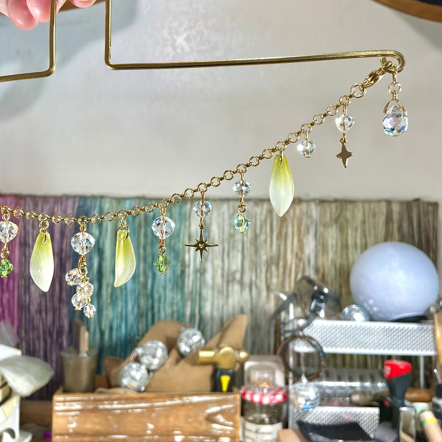 Lily of the Valley Moon Car Mirror Chain, 18k Gold-Plated May Birthflower Crystal Prism Suncatcher, car hanger