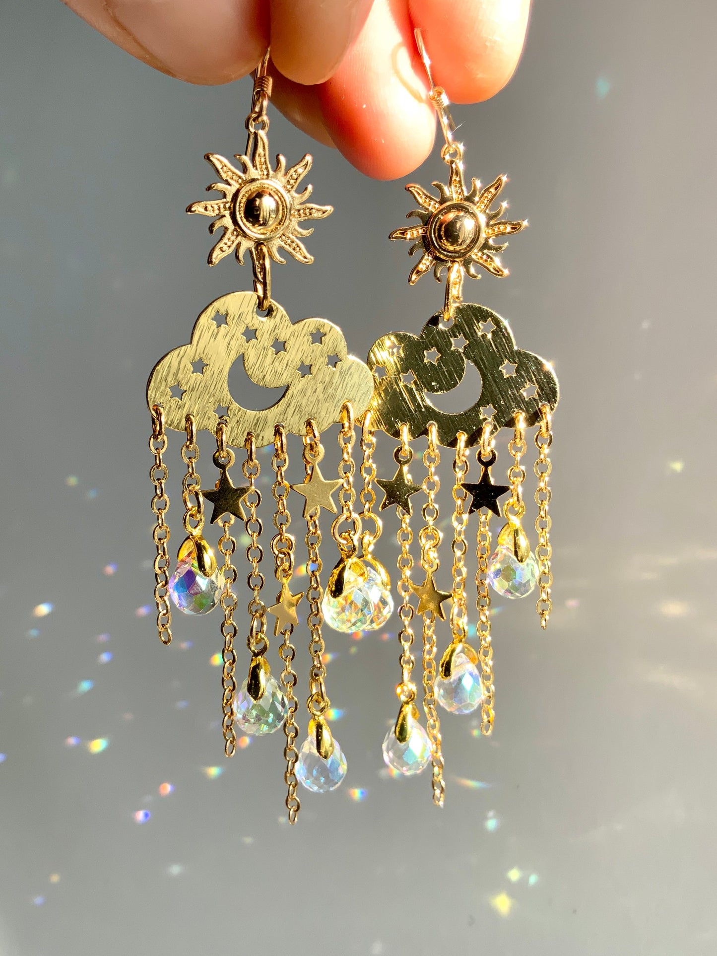 Aura Crystal Rain Cloud earrings~ 18k Gold-Plated Sun Moon Celestial prism Suncatcher jewelry