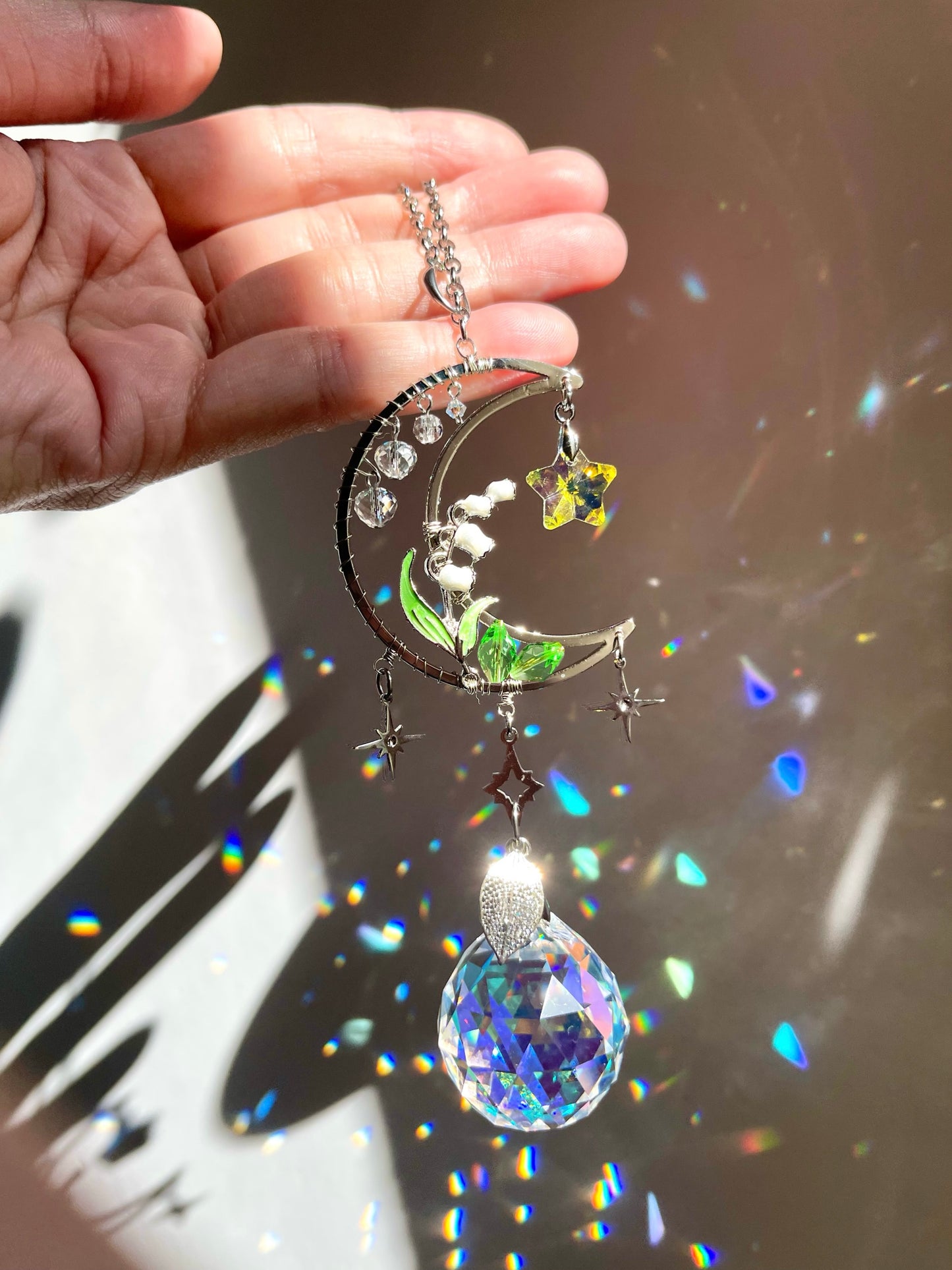 Lily of the Valley Moon Car Charm, 18k Gold-Plated May Birthflower Crystal Celestial Prism suncatcher, rearview mirror hanger