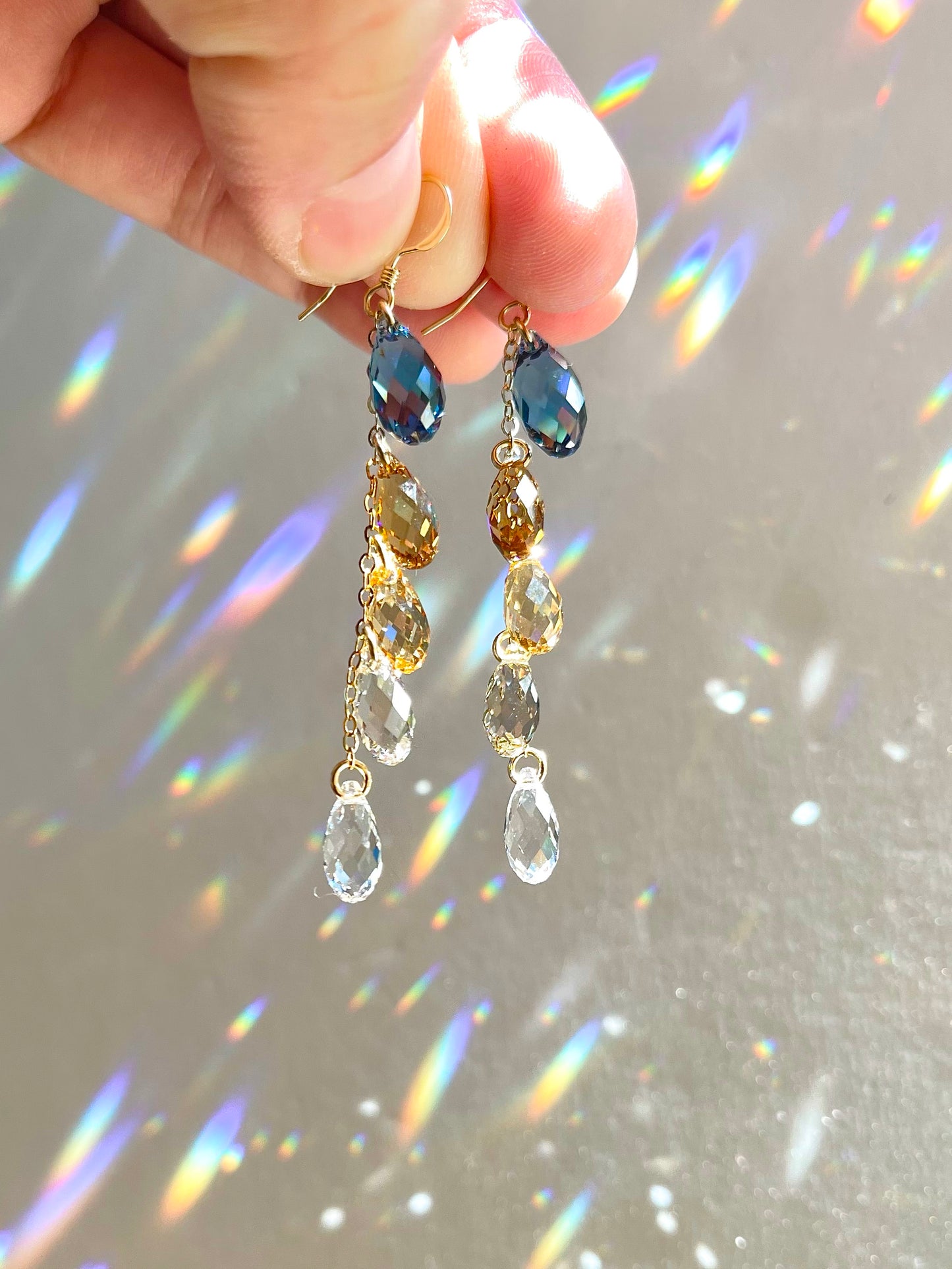 "Champagne & Denim" ~ *Luxe* Ombré Crystal Waterfall earrings, Sterling Silver or 14k Gold-Filled