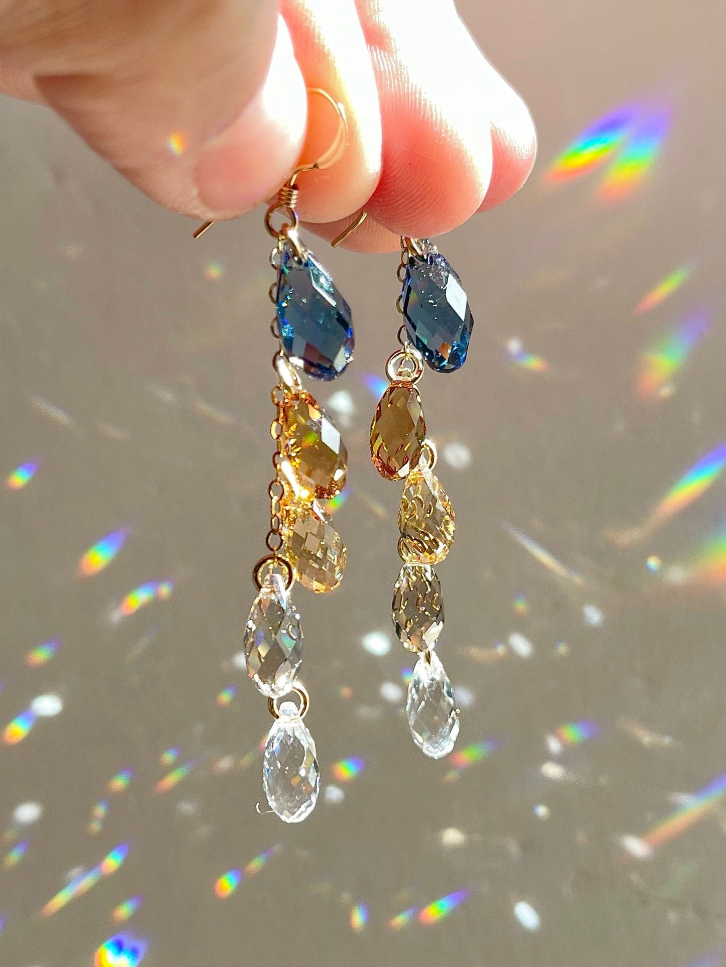 Denim Blue and natural golden brown cystal waterfall earrings 