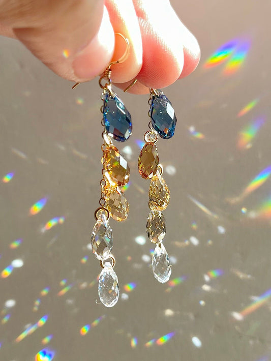 Denim Blue and natural golden brown cystal waterfall earrings 
