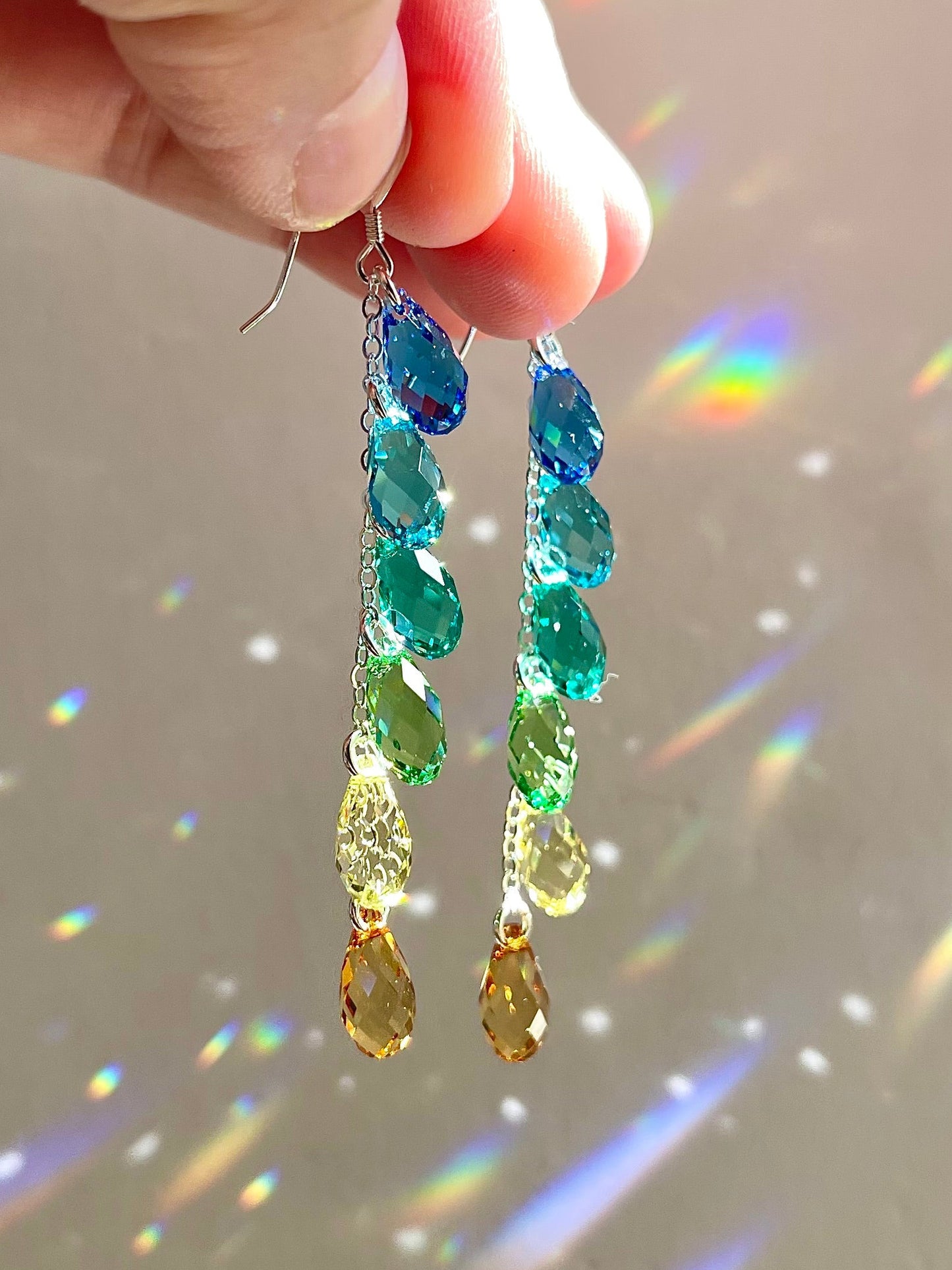 Sparkly Blue aqua green yellow gradient Swarovski crystal teardrop earrings