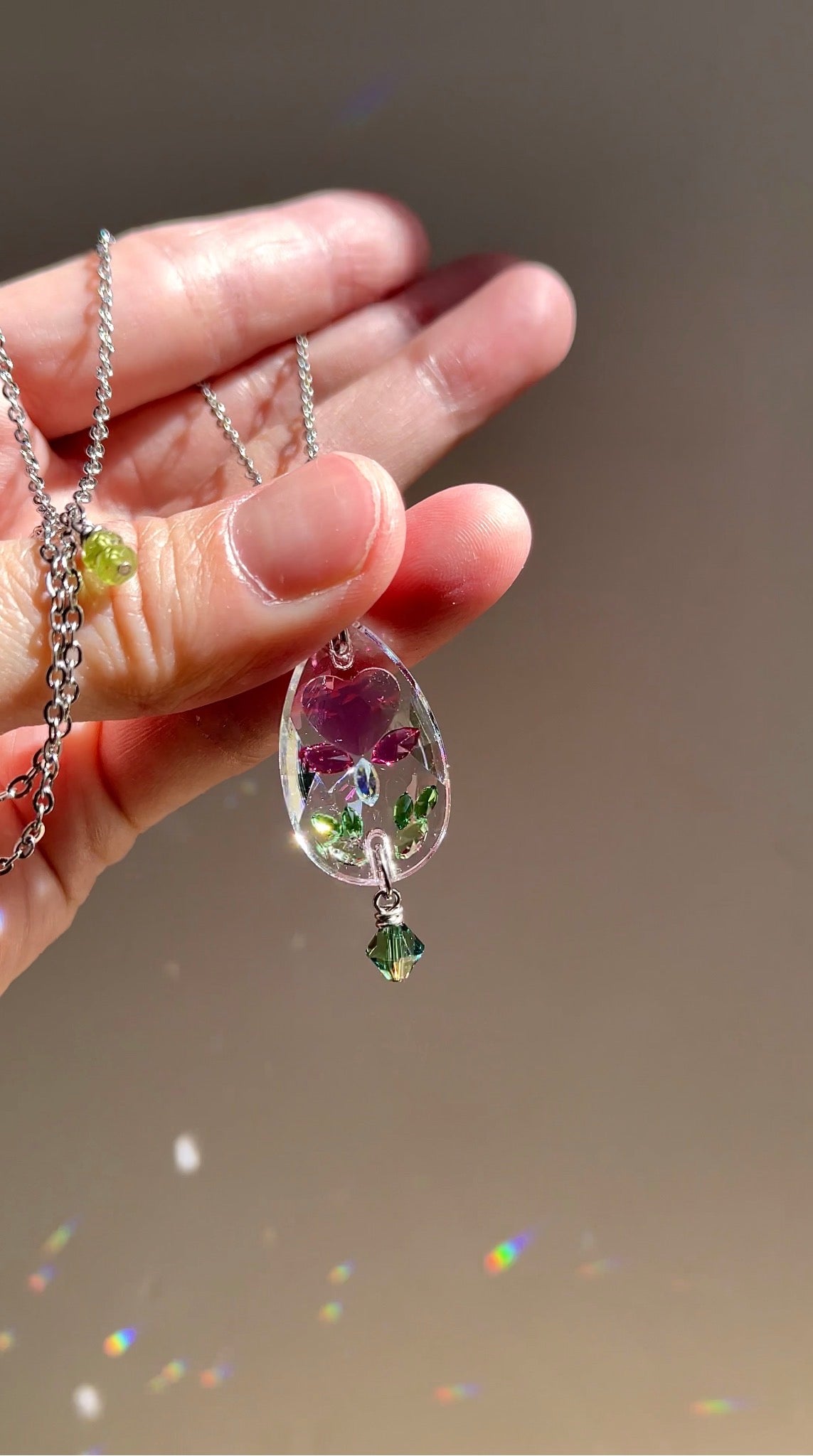 Prism Jewel Necklace~ Medium Teardrop Bleeding Heart Flower, Adjustable length 16-18 inches— Choose Your Metal