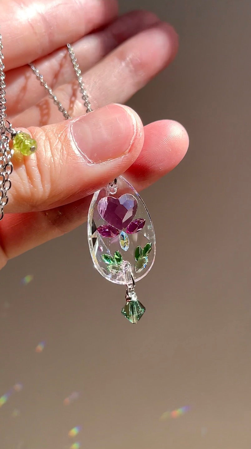 Prism Jewel Necklace~ Medium Teardrop Bleeding Heart Flower, Adjustable length 16-18 inches— Choose Your Metal