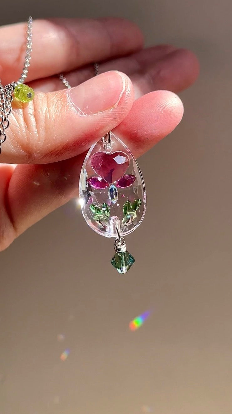 Prism Jewel Necklace~ Medium Teardrop Bleeding Heart Flower, Adjustable length 16-18 inches— Choose Your Metal
