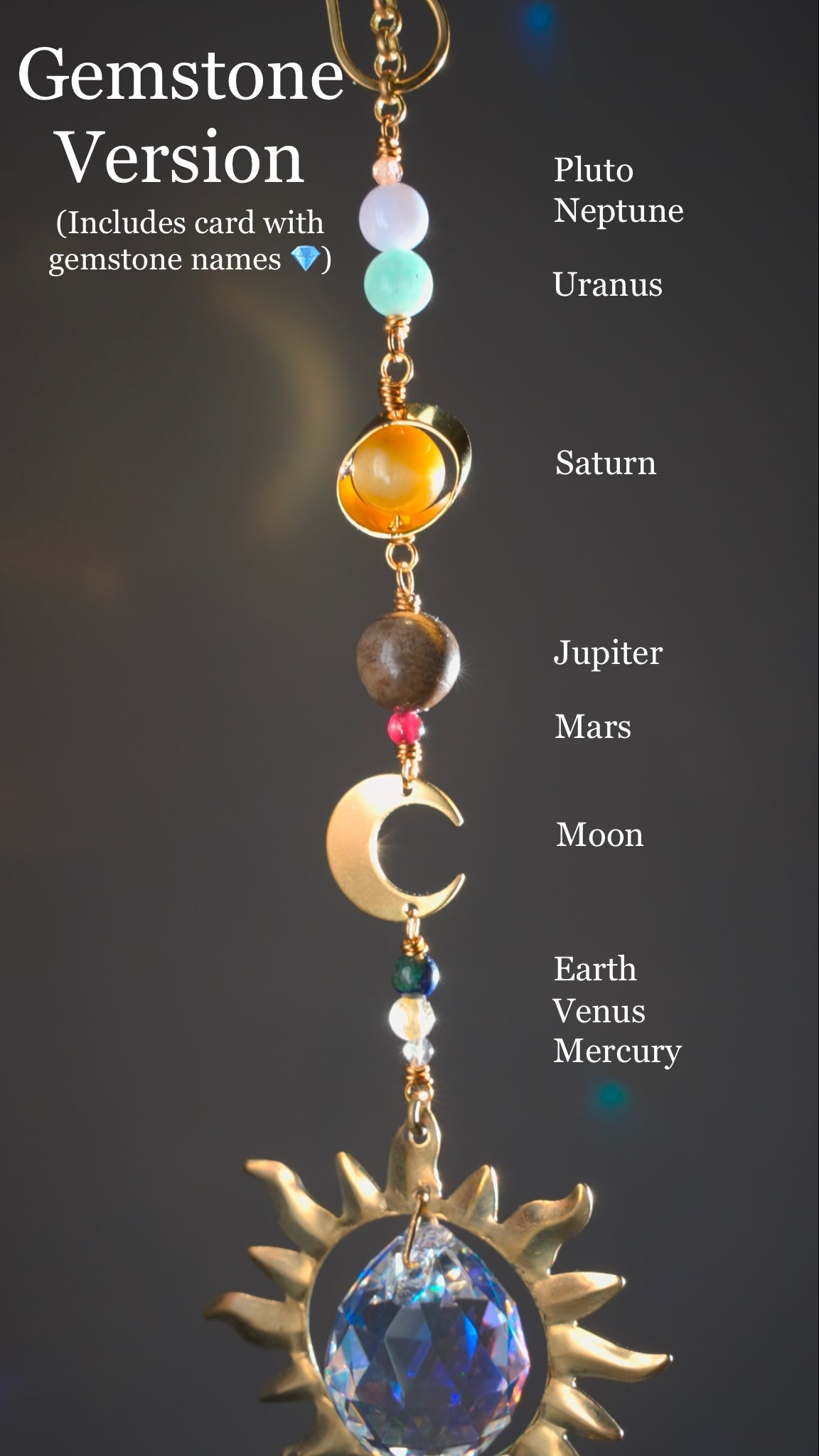 Gemstone Solar System Prism Car Charm Suncatcher, celestial planetary hanger made with crystals and 18k Gold-plated