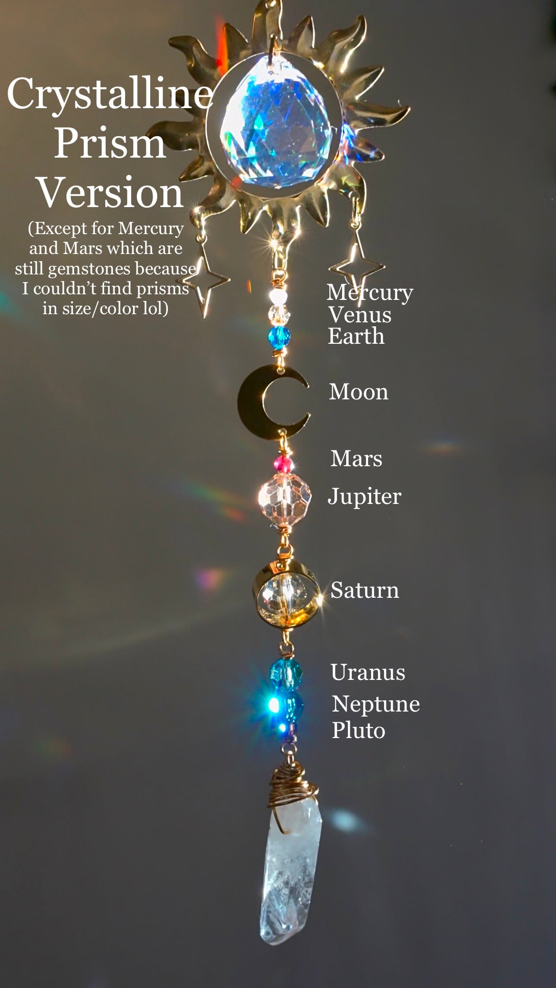 Gemstone Solar System Prism Car Charm Suncatcher, celestial planetary hanger made with crystals and 18k Gold-plated
