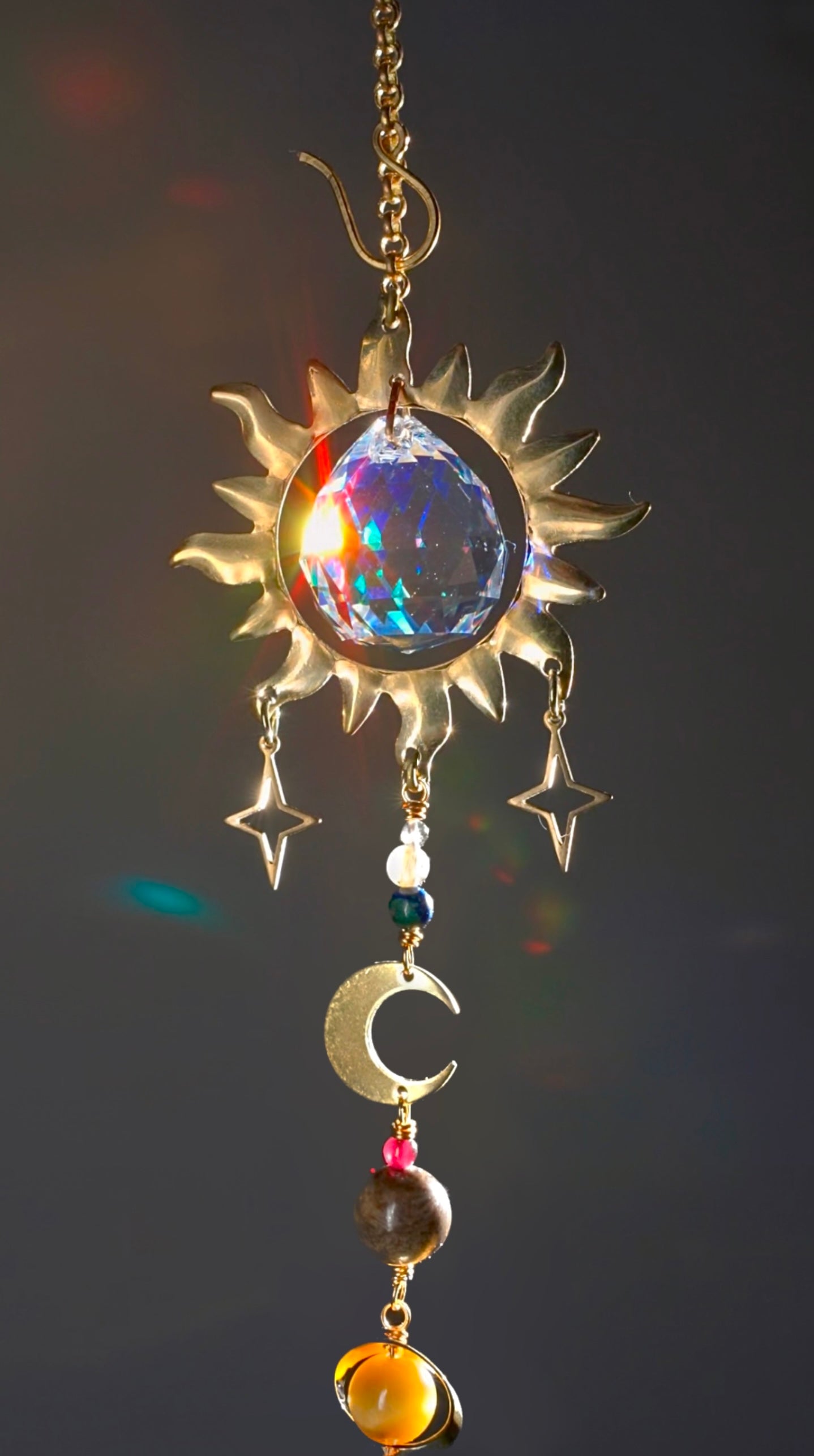 Gemstone Solar System Prism Car Charm Suncatcher, celestial planetary hanger made with crystals and 18k Gold-plated