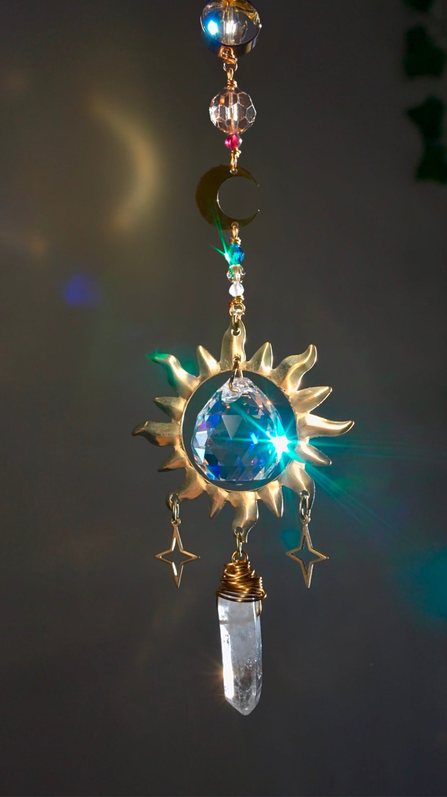 Gemstone Solar System Prism Car Charm Suncatcher, celestial planetary hanger made with crystals and 18k Gold-plated