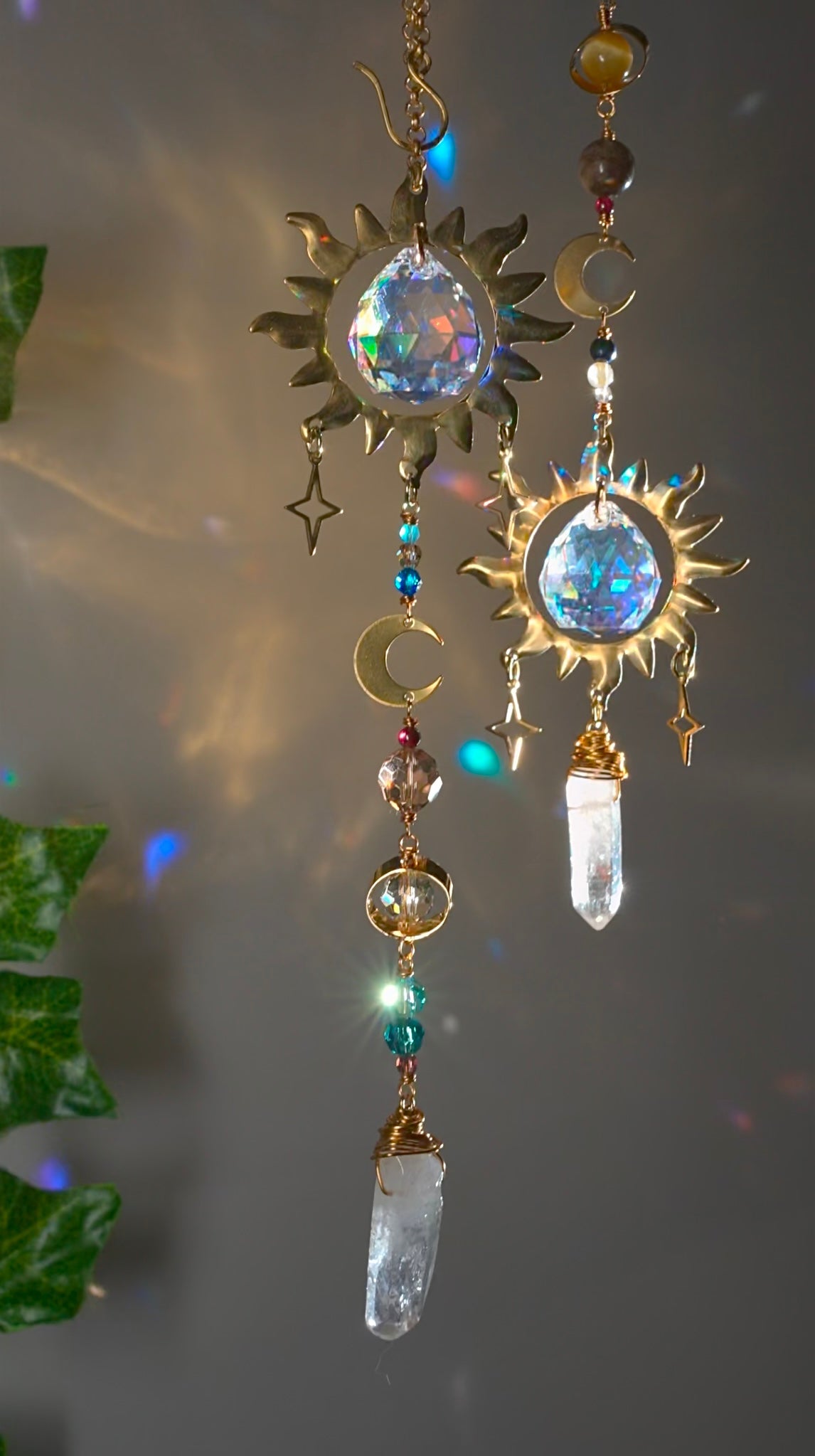 Gemstone Solar System Prism Car Charm Suncatcher, celestial planetary hanger made with crystals and 18k Gold-plated