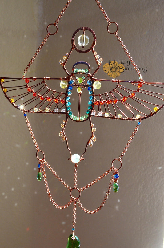 Egyptian Scarab Beetle Suncatcher with London Blue Topaz, Peridot, Prehnite, and Crystal prisms