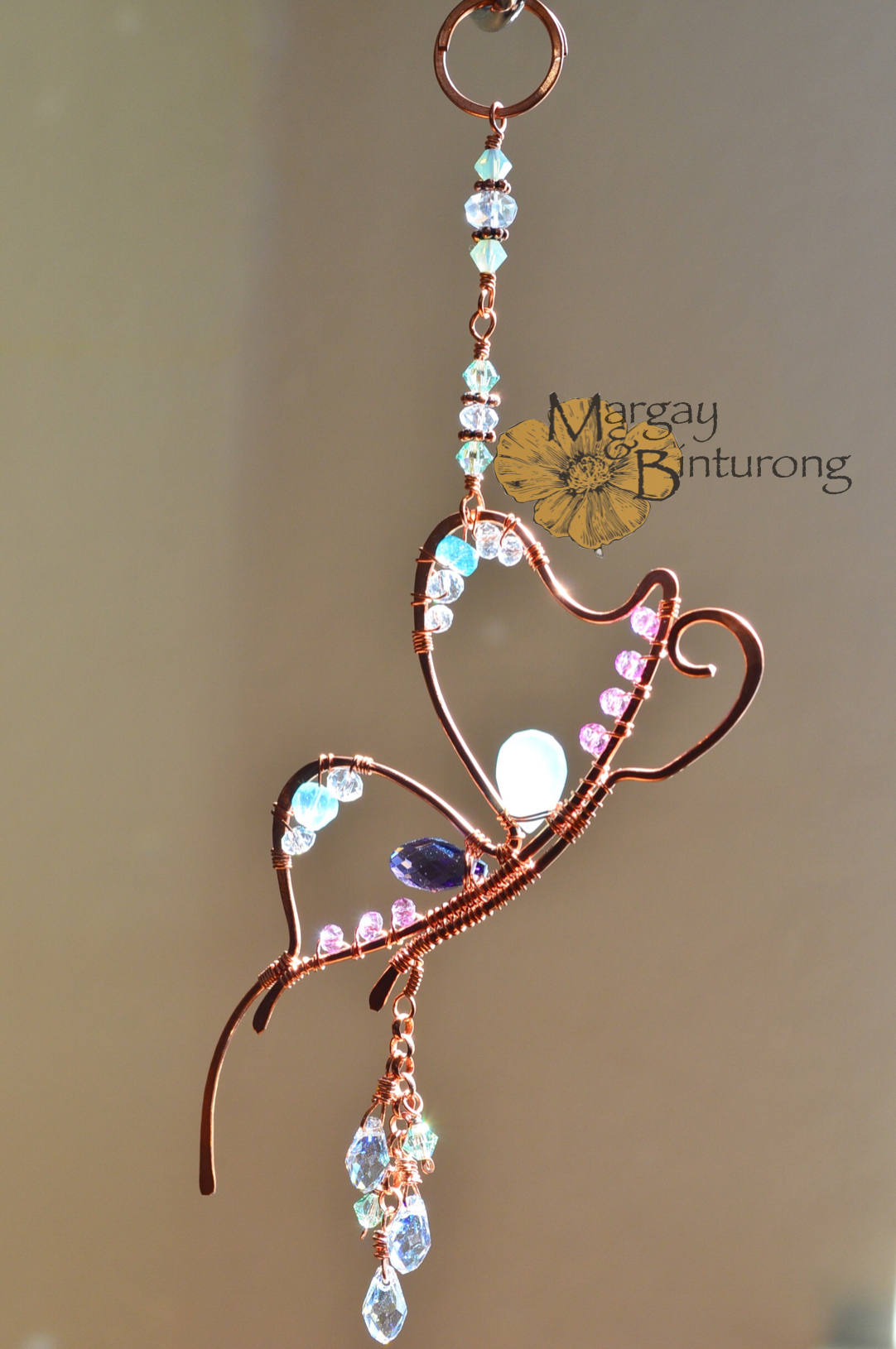 Sparkly small Butterfly suncatcher with crystals, Crystal prism rear view mirror ornament