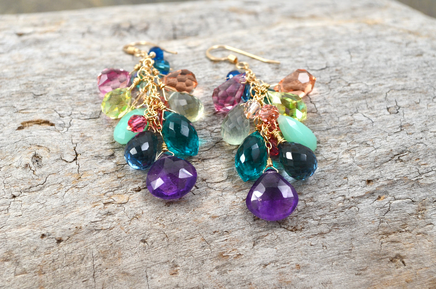 Rainbow gradient waterfall cluster earrings with gemstone and Crystal prisms