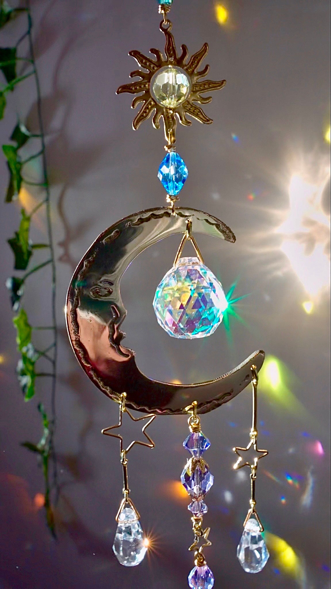 "Moon Gazer" ~ Mini Suncatcher, boho witchy room decor made with Brass and Crystal Prisms