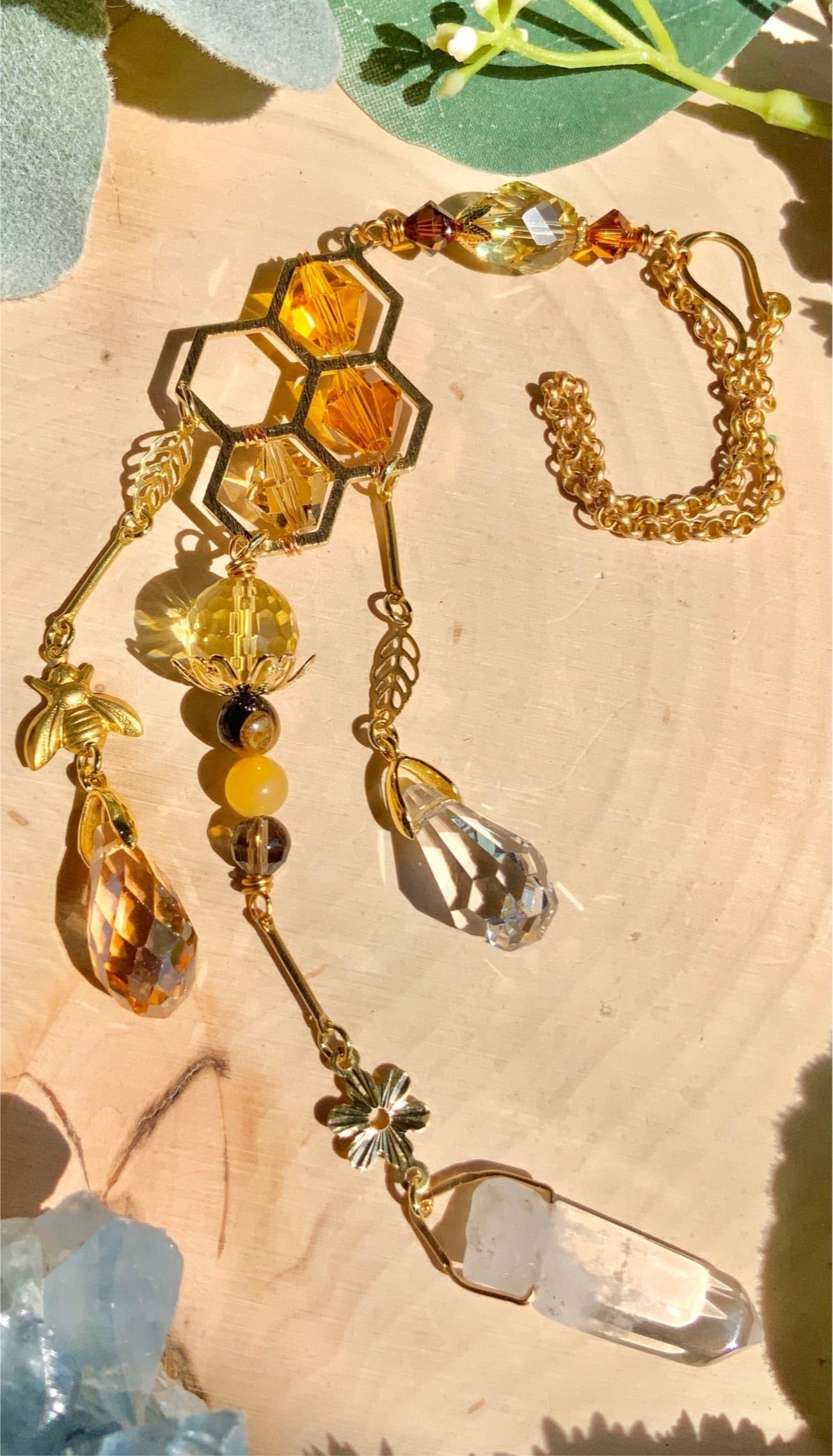 "Citrine and Honey" ~ 18k Gold-Plated Honeybee Car Charm with ombré Crystal prisms for car mirror accessories