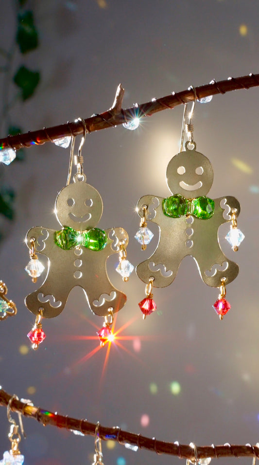 Gingerbread Man Earrings ~ Brass and crystal prism drops for Xmas or Yuletide