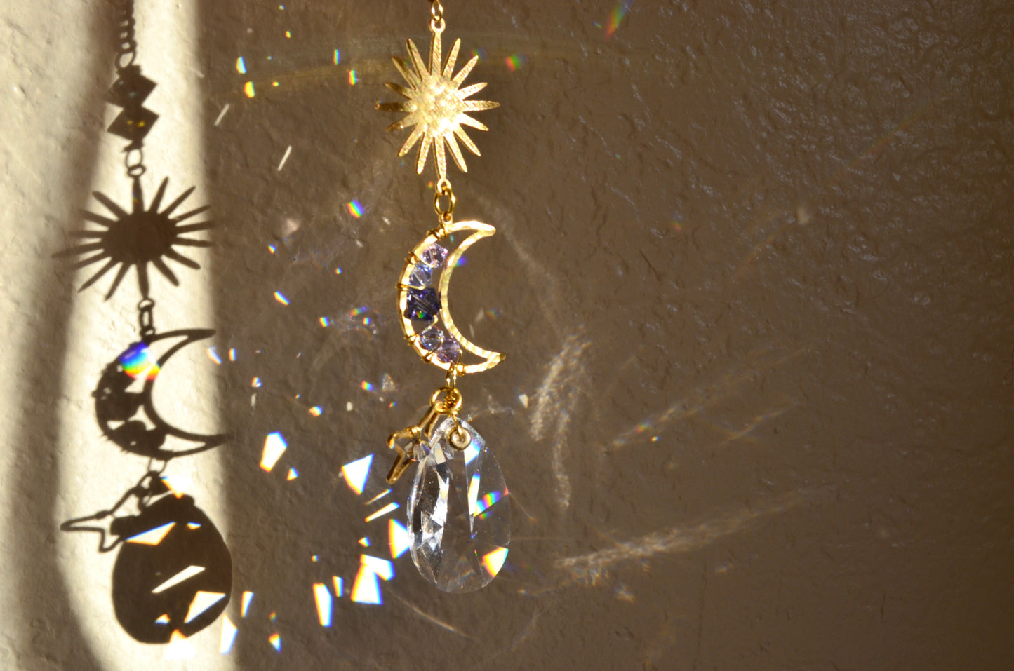 Boho Rear View Mirror Car Charm, Sun Crescent Moon Star Crystal prisms auto decoration accessories
