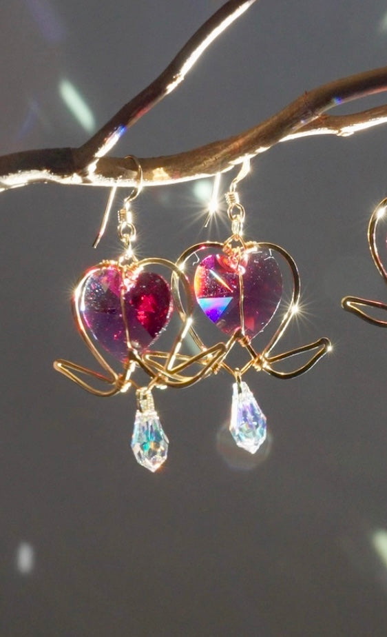 Preorder- Medium Bleeding Heart Flower Earrings — Choose Your Metal & Crystal Color