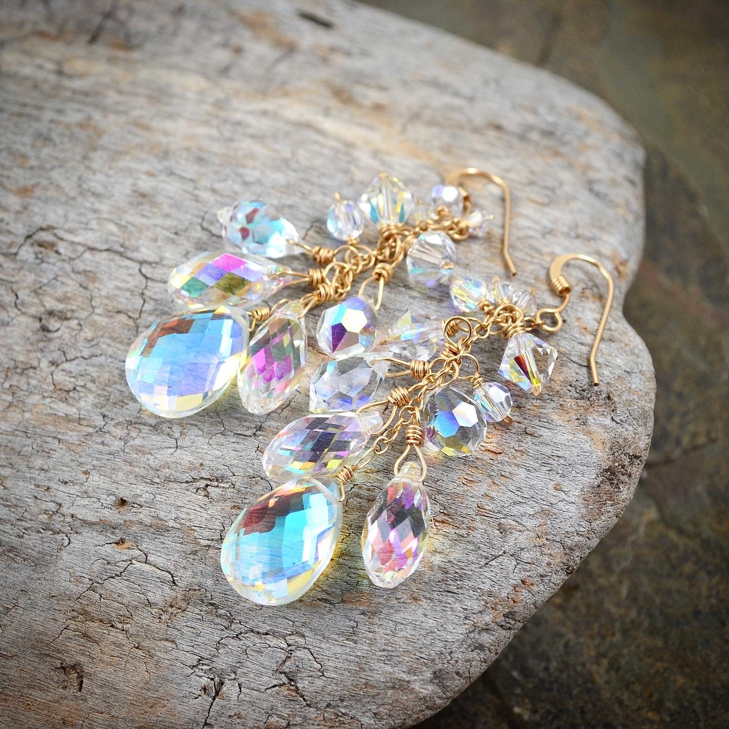 Rainbow Clear Aura Quartz and Crystal Waterfall Cluster earrings