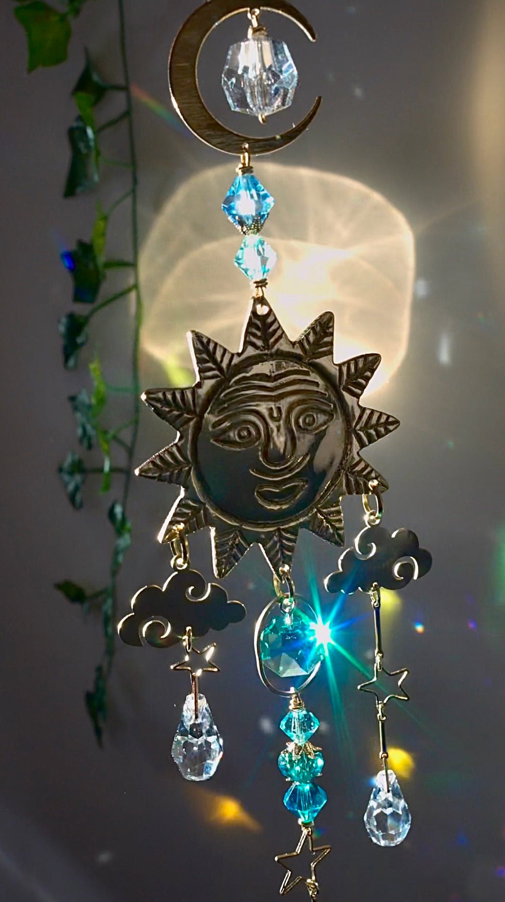 "Sunny Days" ~ Mini Suncatcher, boho witchy room decor made with Brass and Crystal Prisms