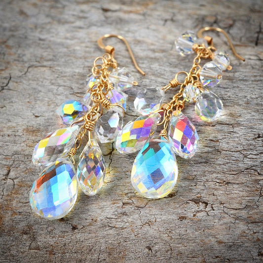 Rainbow Clear Aura Quartz and Crystal Waterfall Cluster earrings