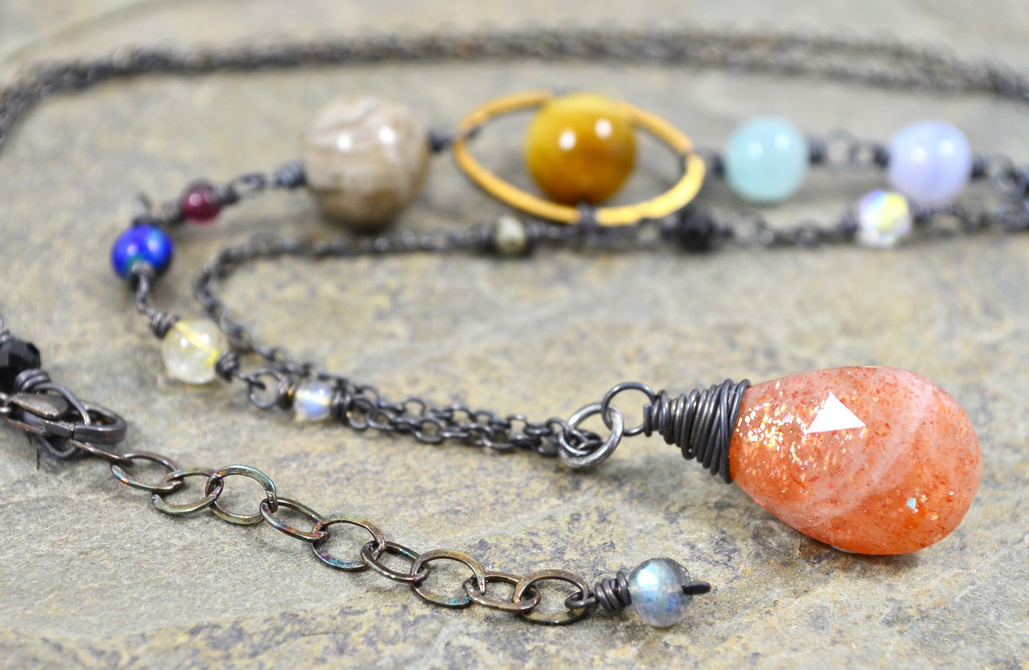 Solar System Necklace made with gemstones in Sterling Silver