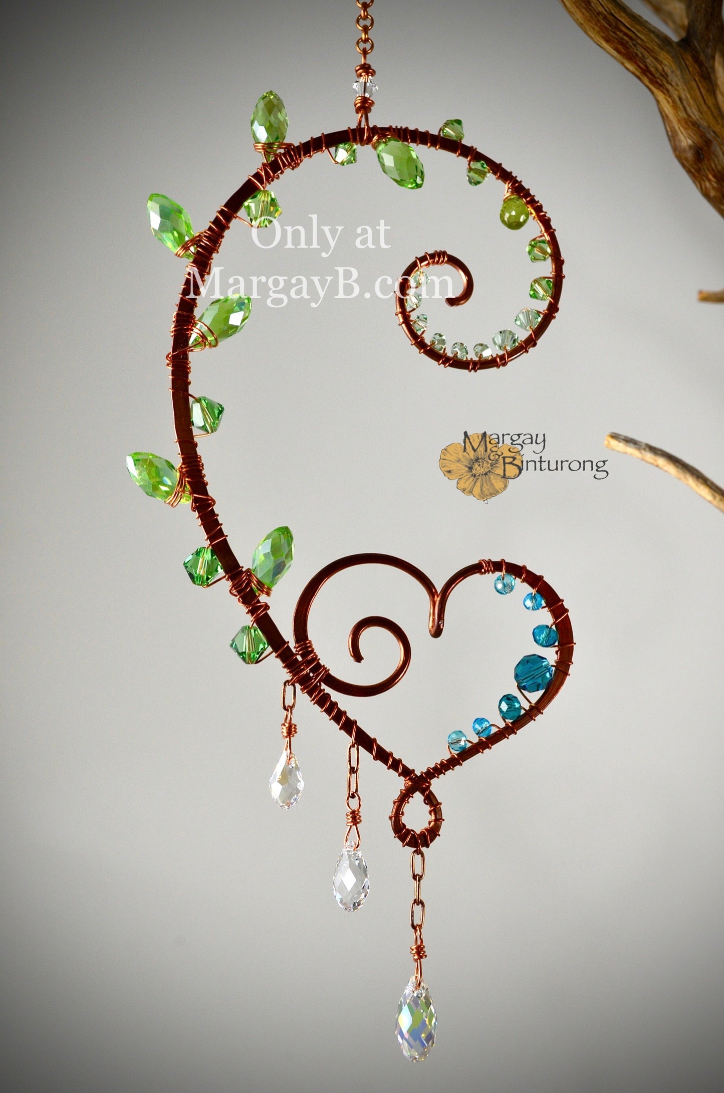 Handmade Curling Fern Mini Suncatcher Featuring Wire-Wrapped Crystal Prisms