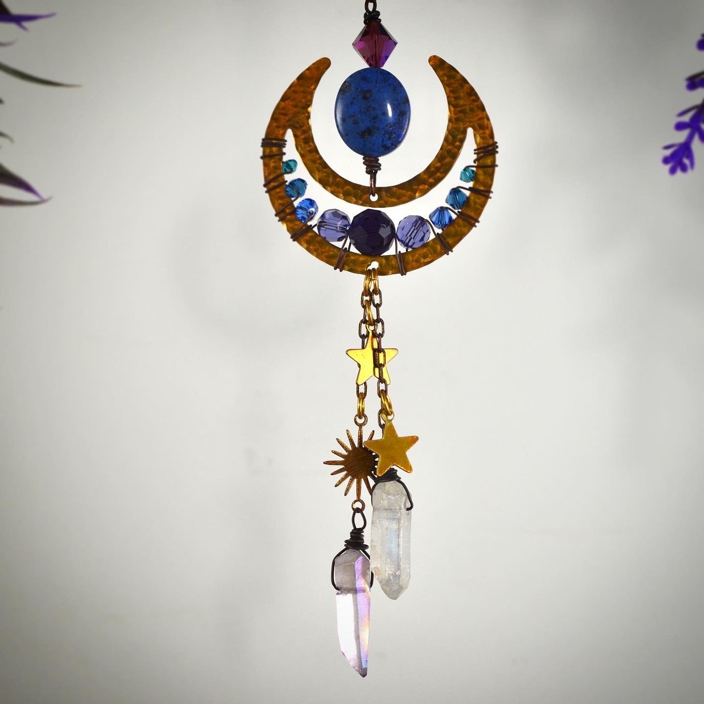 Sun Moon and Stars Rearview Mirror Car Charm, dark witchy decor Crystal prism car accessories