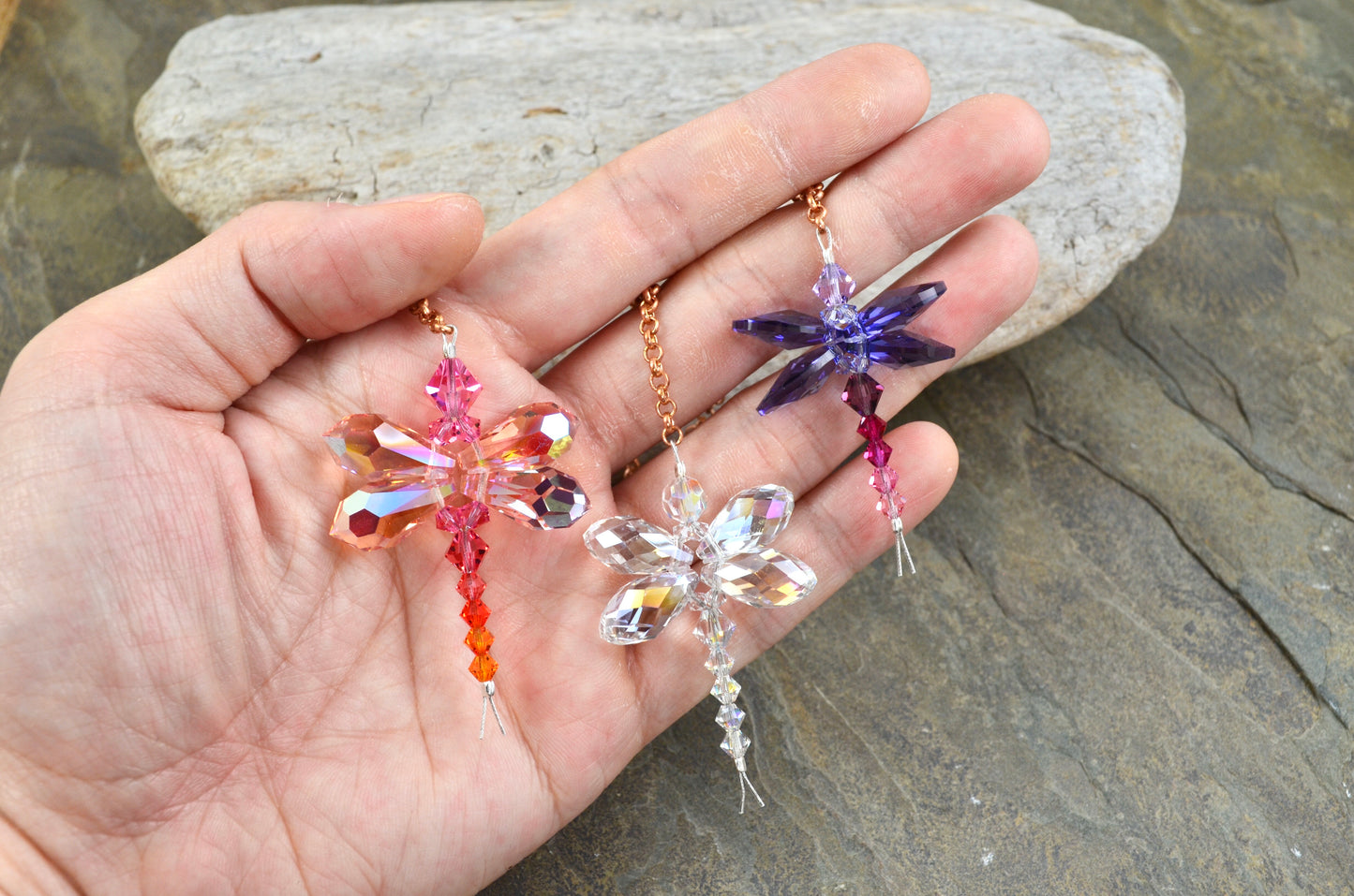 Tiny Dragonfly rear view mirror car charms: Rainbow Suncatchers made from Crystal Prisms