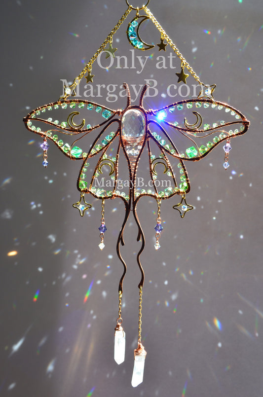 Luna Moth Moon Stars Suncatcher, boho witchy room decor rainbow maker with raw crystal points