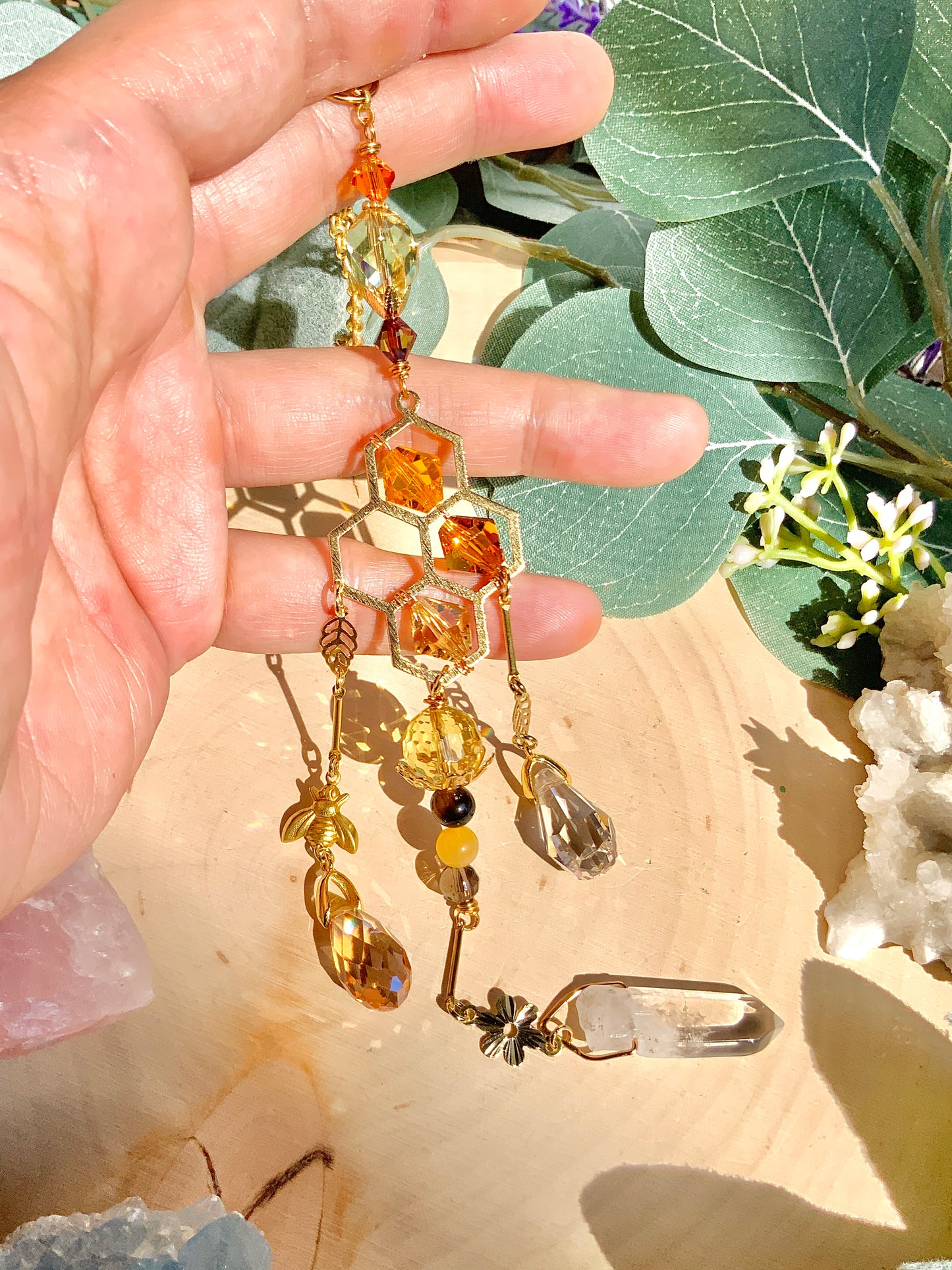 "Citrine and Honey" ~ 18k Gold-Plated Honeybee Car Charm with ombré Crystal prisms for car mirror accessories