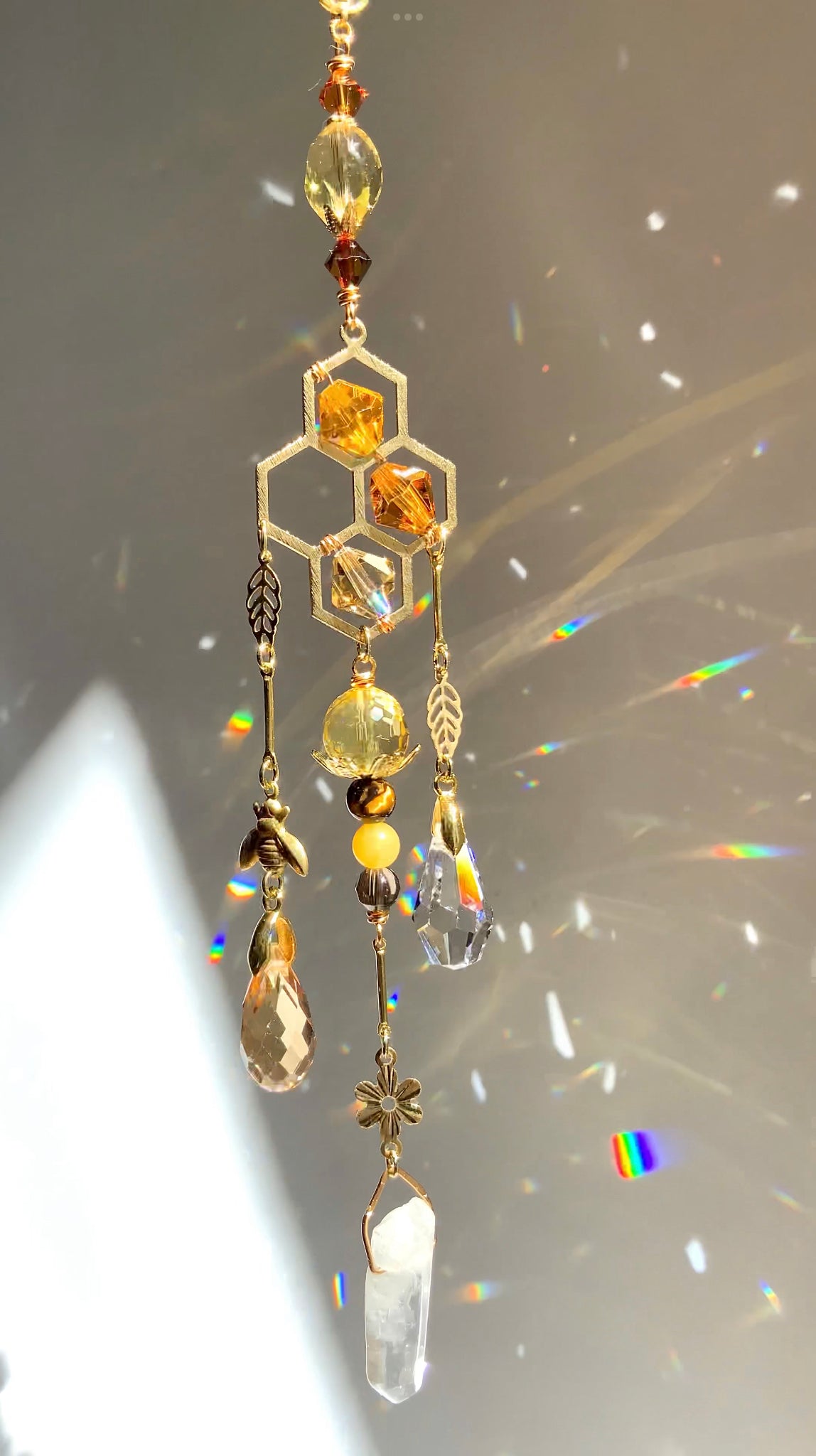 "Citrine and Honey" ~ 18k Gold-Plated Honeybee Car Charm with ombré Crystal prisms for car mirror accessories