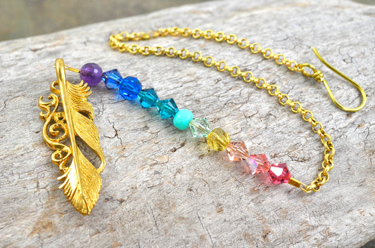 Boho Feather Rearview Mirror Car Charm, Rainbow Gemstone gold Crystal prisms auto decoration accessories