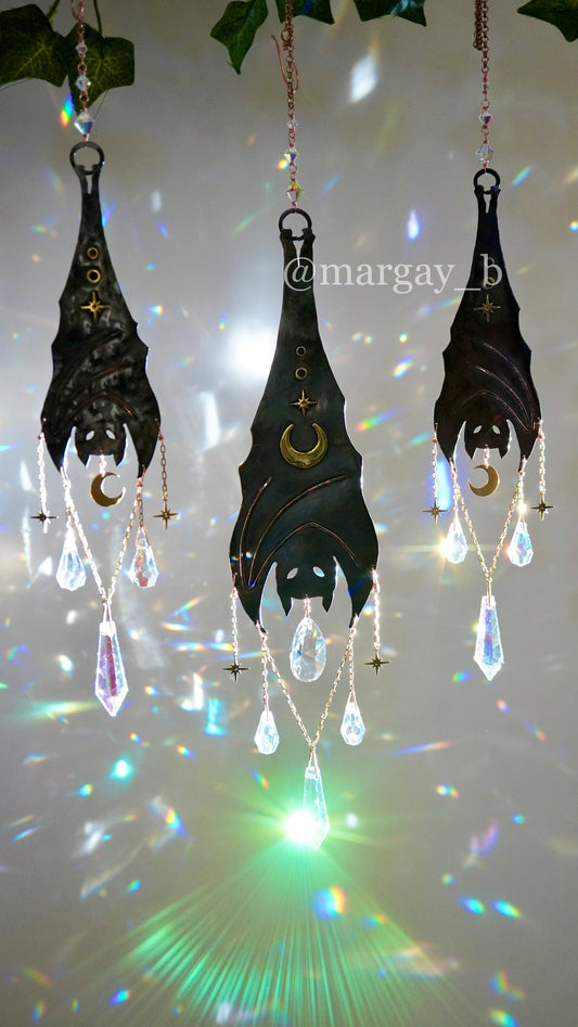 Nocturne~ Price break for Full Set of 3 Hanging Bats ~ Copper Crystal Suncatcher, witchy Halloween celestial room decor rainbow maker