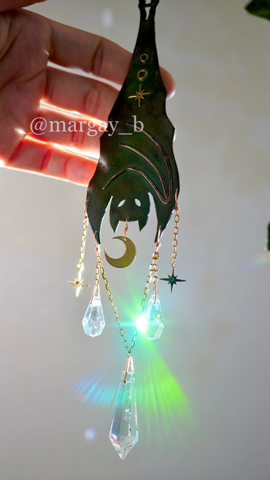 Nocturne~ Single Mini Hanging Bat ~ Copper Crystal Suncatcher, witchy Halloween celestial room decor rainbow maker