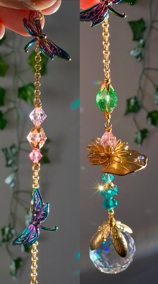 Lotus Lilypad Dragonfly Crystal Ball Suncatcher, Window Charm made with ombré prisms and Brass