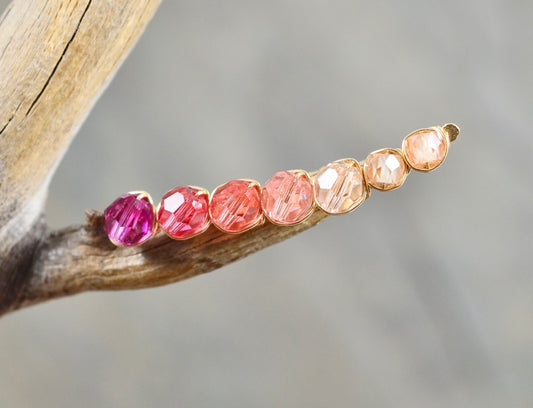 Ruby Grapefruit ombré Crystal Ear Climbers in Sterling Silver or 14k Gold Fill, ear crawler earrings
