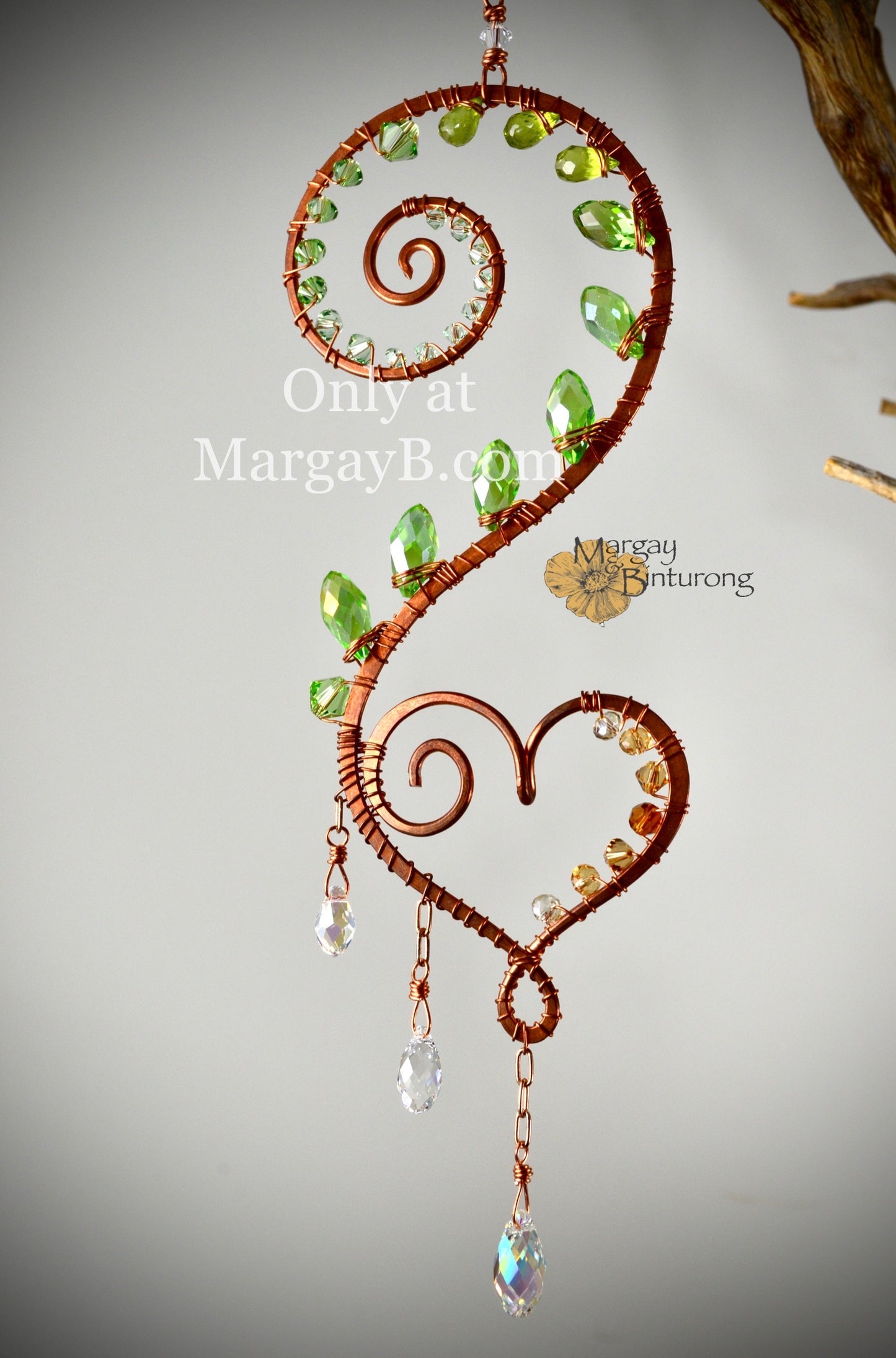 Handmade Curling Fern Mini Suncatcher Featuring Wire-Wrapped Crystal Prisms