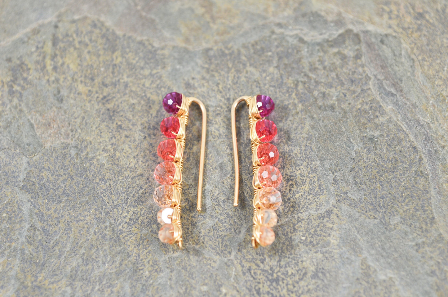 Ruby Grapefruit ombré Crystal Ear Climbers in Sterling Silver or 14k Gold Fill, ear crawler earrings