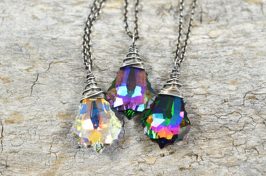 Aura Crystal Necklace on 16 inch oxidized Sterling Silver chain