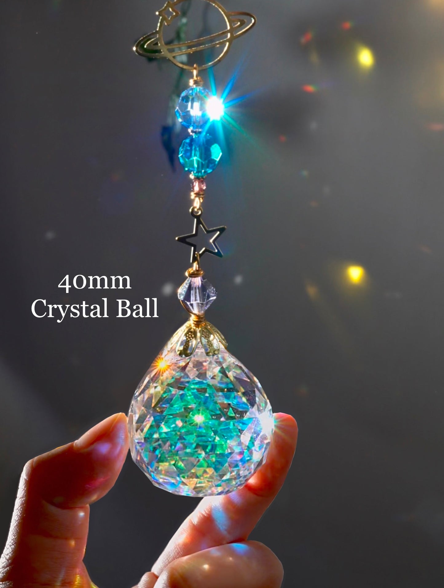 Solar System Crystal Ball Suncatcher Window Charm, celestial planetary hanger made with prisms and Brass