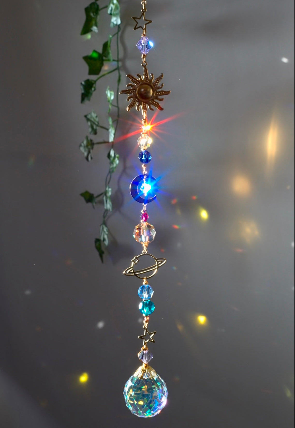 Solar System Crystal Ball Suncatcher Window Charm, celestial planetary hanger made with prisms and Brass