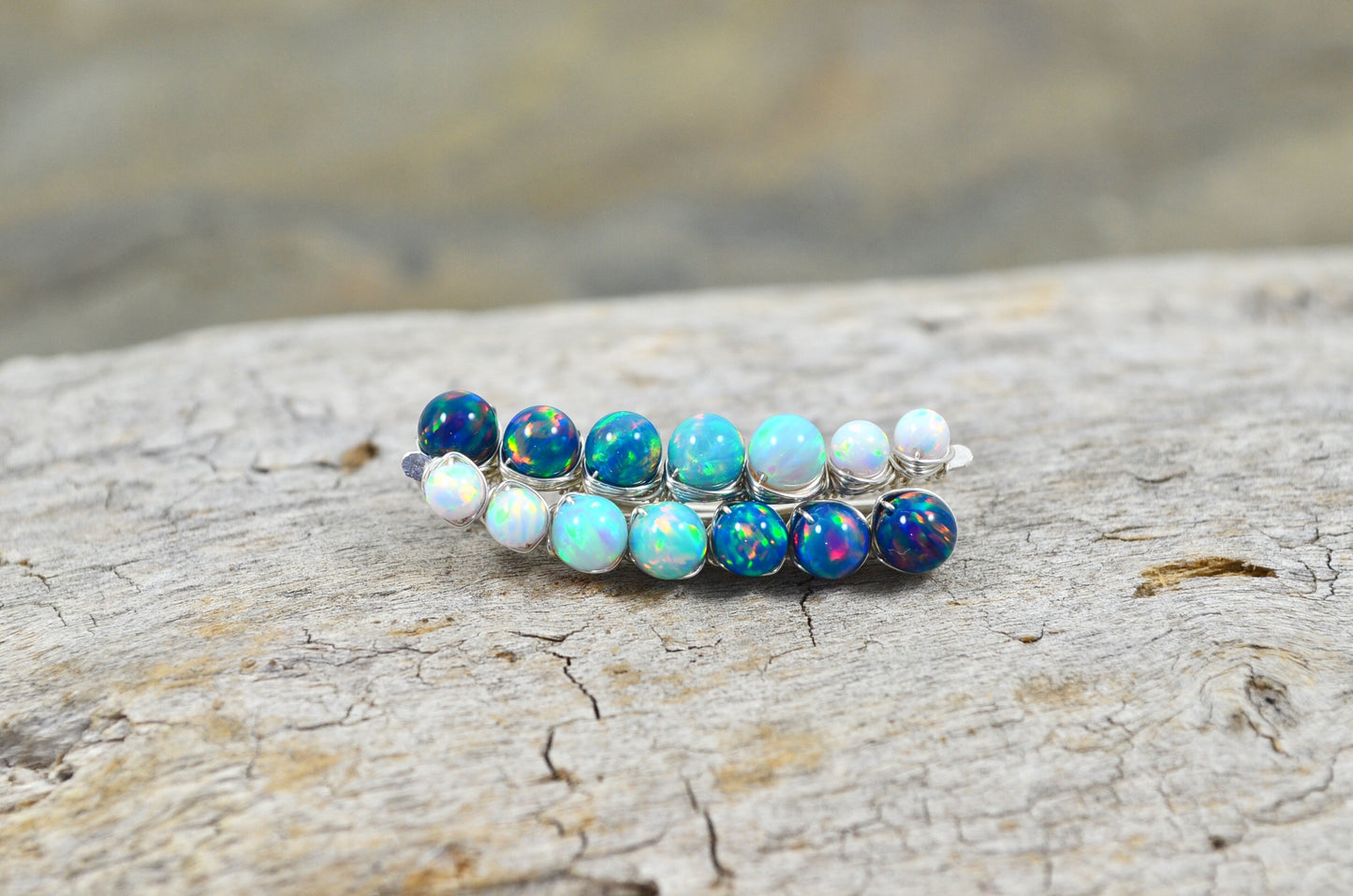 Blue White Opal Ear Climbers, in Sterling Silver or 14k Gold Filled