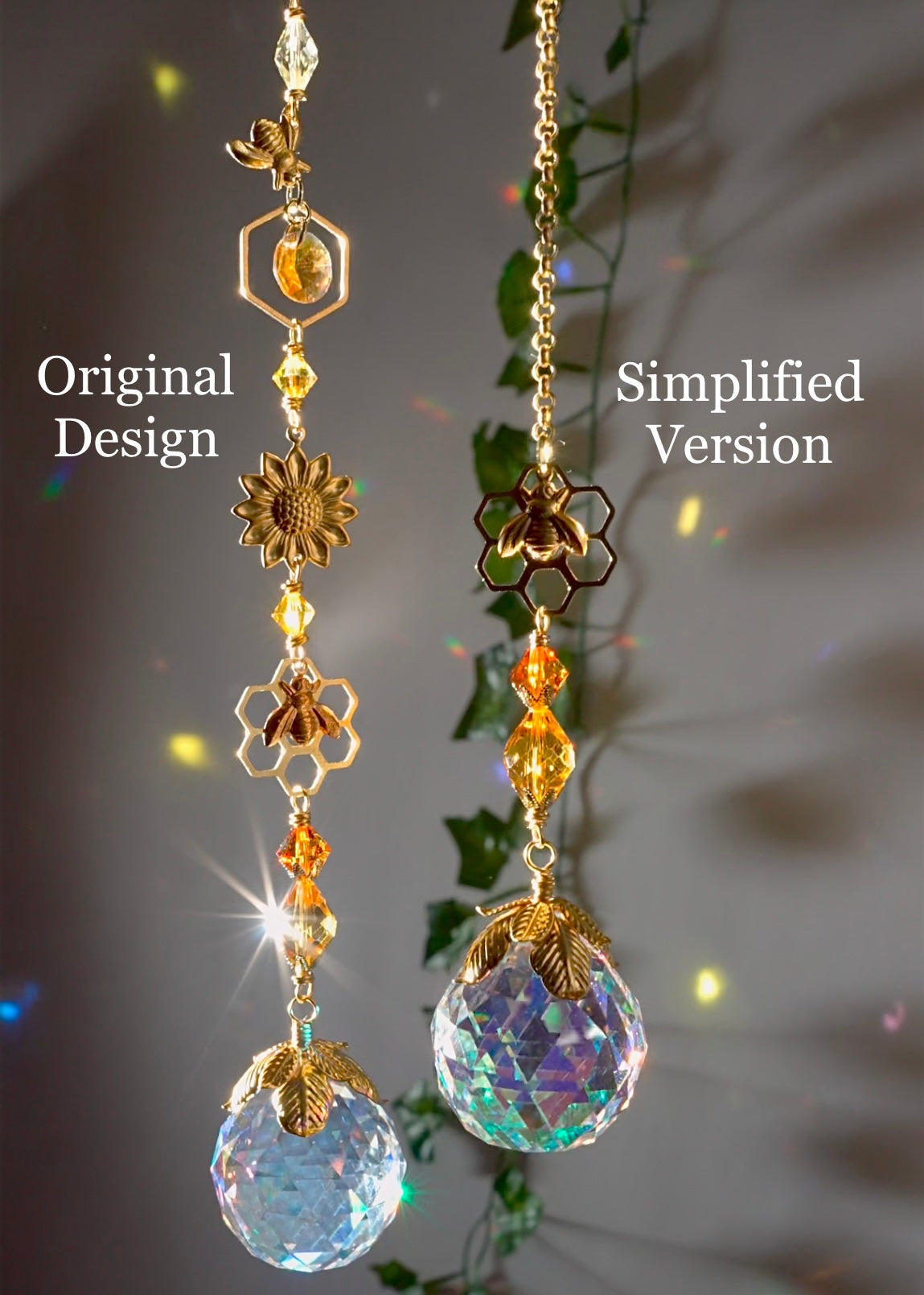 Honeycomb Bee Sunflower Crystal Ball Suncatcher Window Charm, made with ombré prisms and 18k Gold-Plated