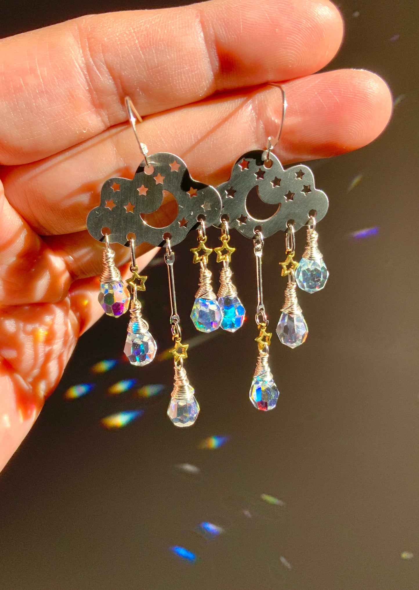 Aura Crystal Rain Cloud earrings~ Stainless Steel, Sterling Silver, and Brass