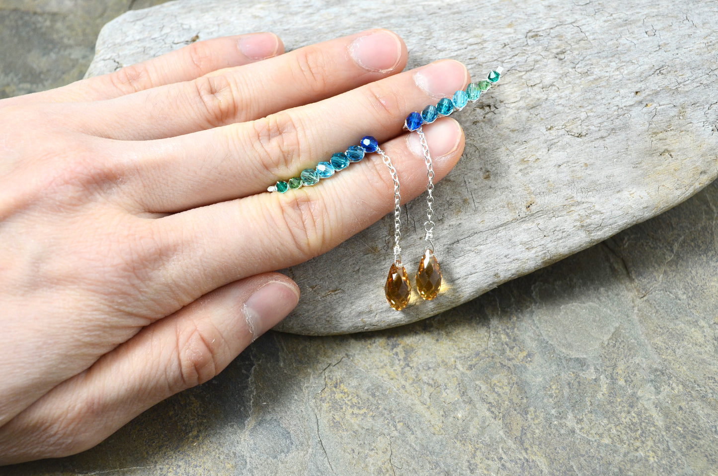 Peacock Feather inspired Ear Climbers, in Sterling Silver or 14k Gold Filled; Choose your drop color