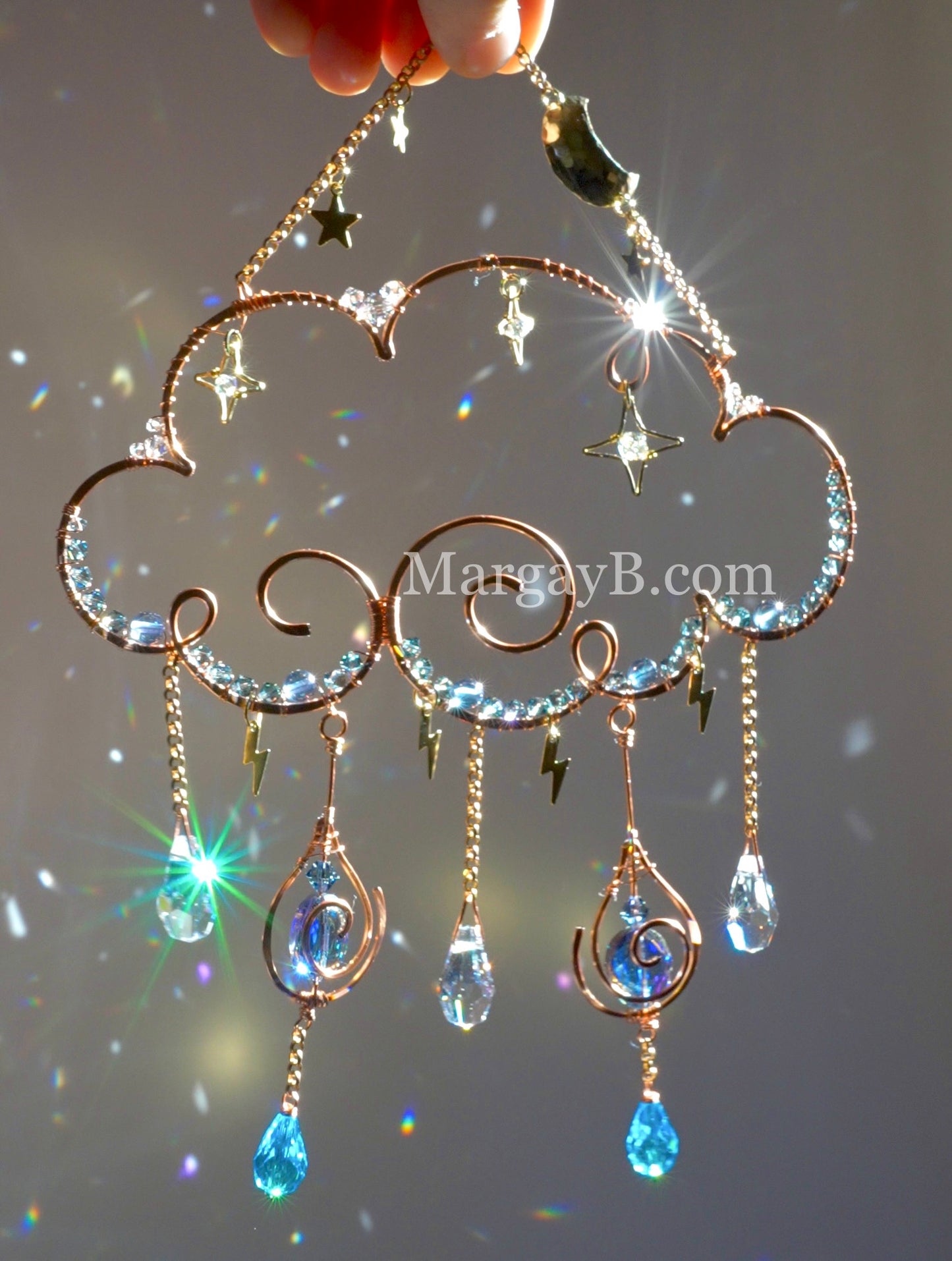 Rain Cloud Suncatcher with Moon, Stars, Lightning, and Crystal Raindrops