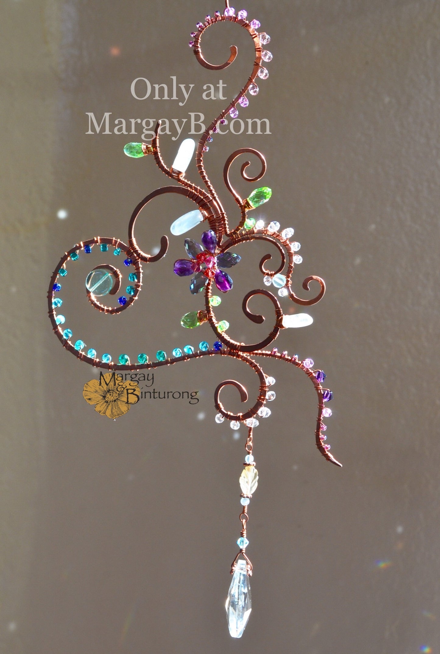 Heart Vine Flower Suncatcher with Wire Wrap Gemstone and Crystal prisms