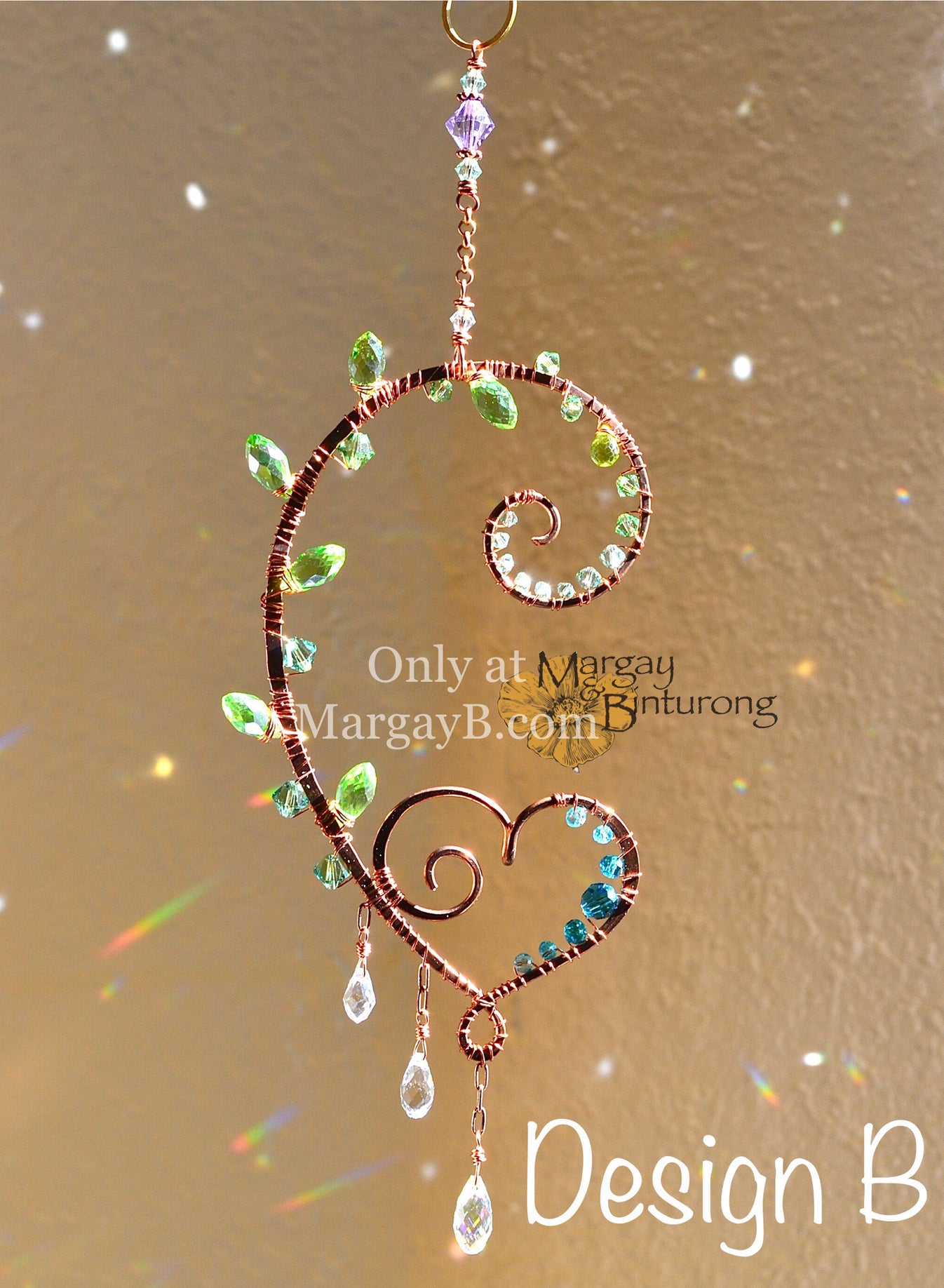 Handmade Curling Fern Mini Suncatcher Featuring Wire-Wrapped Crystal P ...